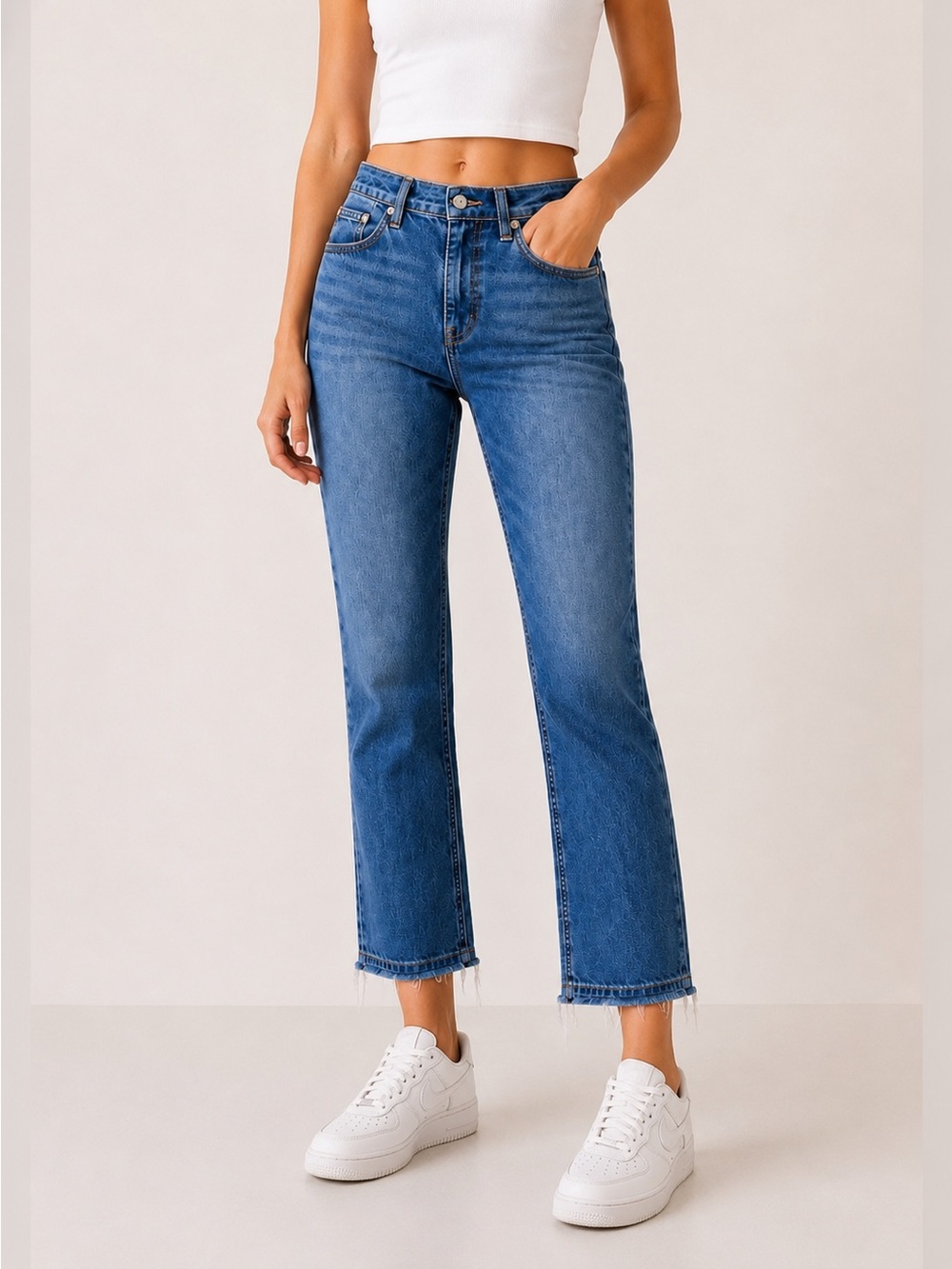FRAME Le High Straight Jeans Whitway Wash Frayed Hem Blue Size 26